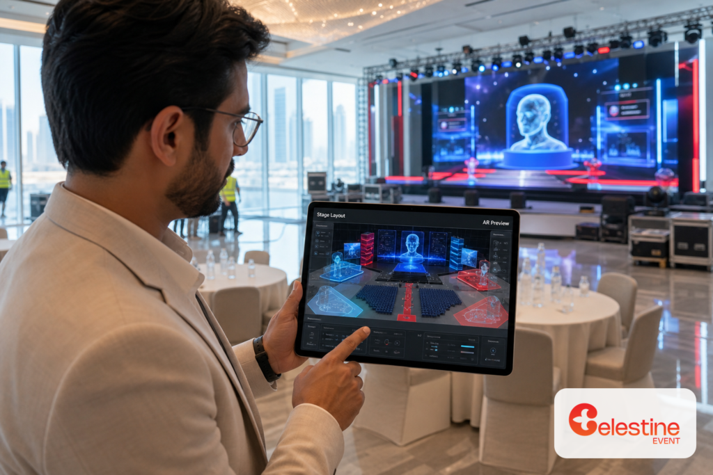 Event planner viewing augmented reality mixed reality events Dubai implementation on tablet showing 3D stage layout