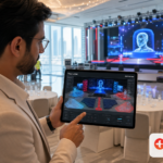 Event planner viewing augmented reality mixed reality events Dubai implementation on tablet showing 3D stage layout