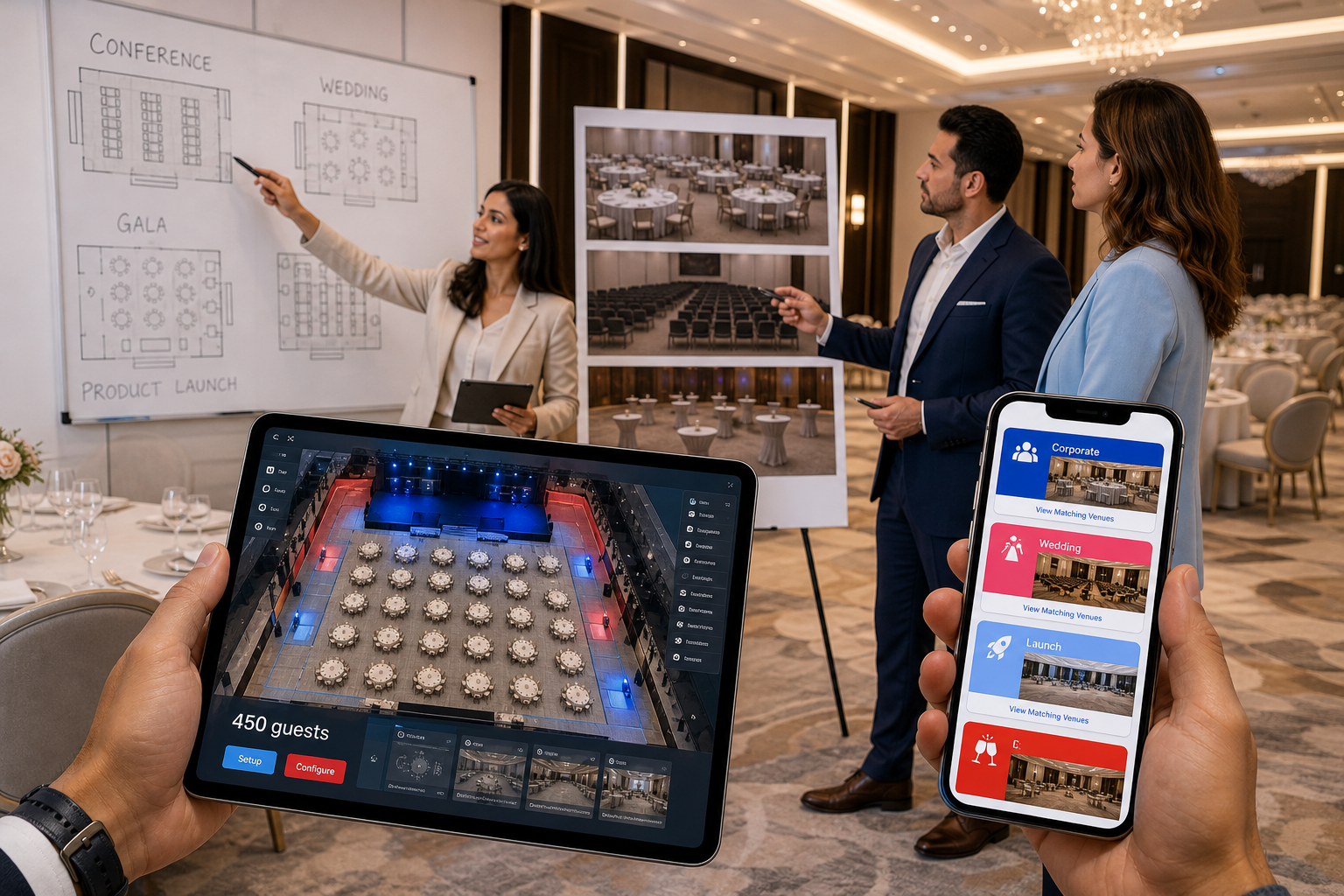 Event professionals reviewing venue configurations for corporate conferences, weddings, product launches and galas in Abu Dha