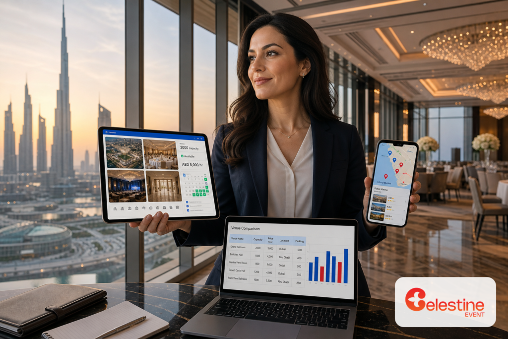 Event planner reviewing best event venues facilities Dubai Abu Dhabi guide on tablet in luxury ballroom with city views