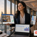 Event planner reviewing best event venues facilities Dubai Abu Dhabi guide on tablet in luxury ballroom with city views
