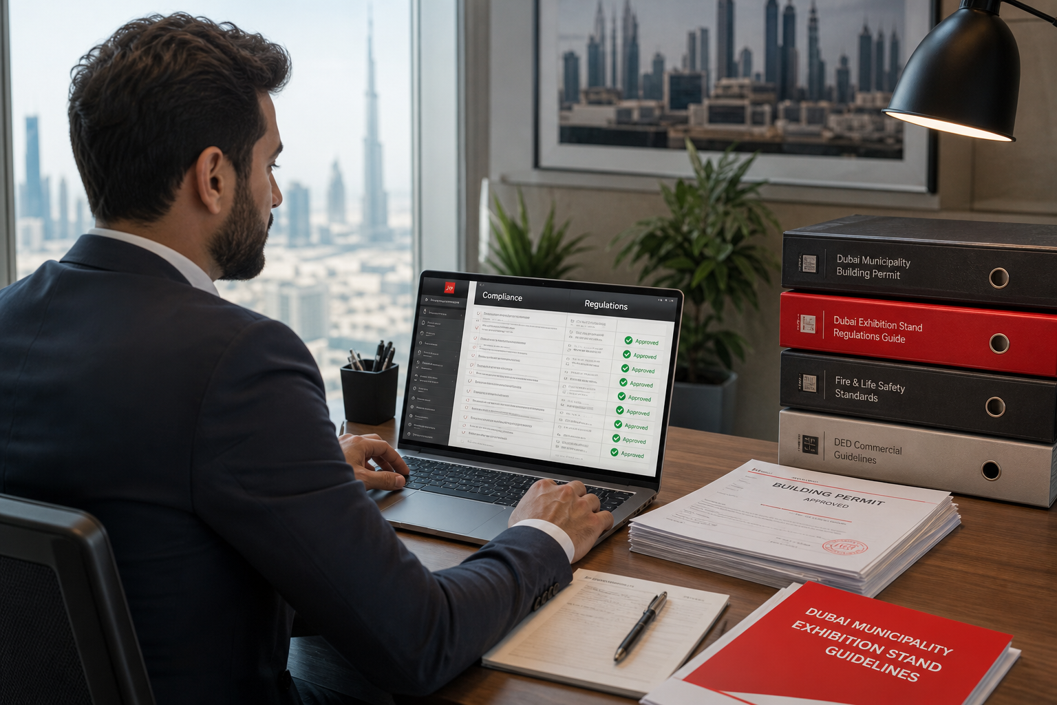 Compliance specialist reviewing Dubai exhibition stand regulations and permit requirements on laptop with physical documentat