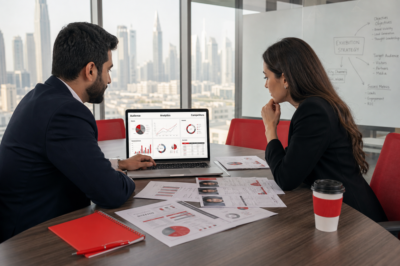 Marketing manager and consultant reviewing audience research and objectives data on laptop in a professional Dubai meeting ro