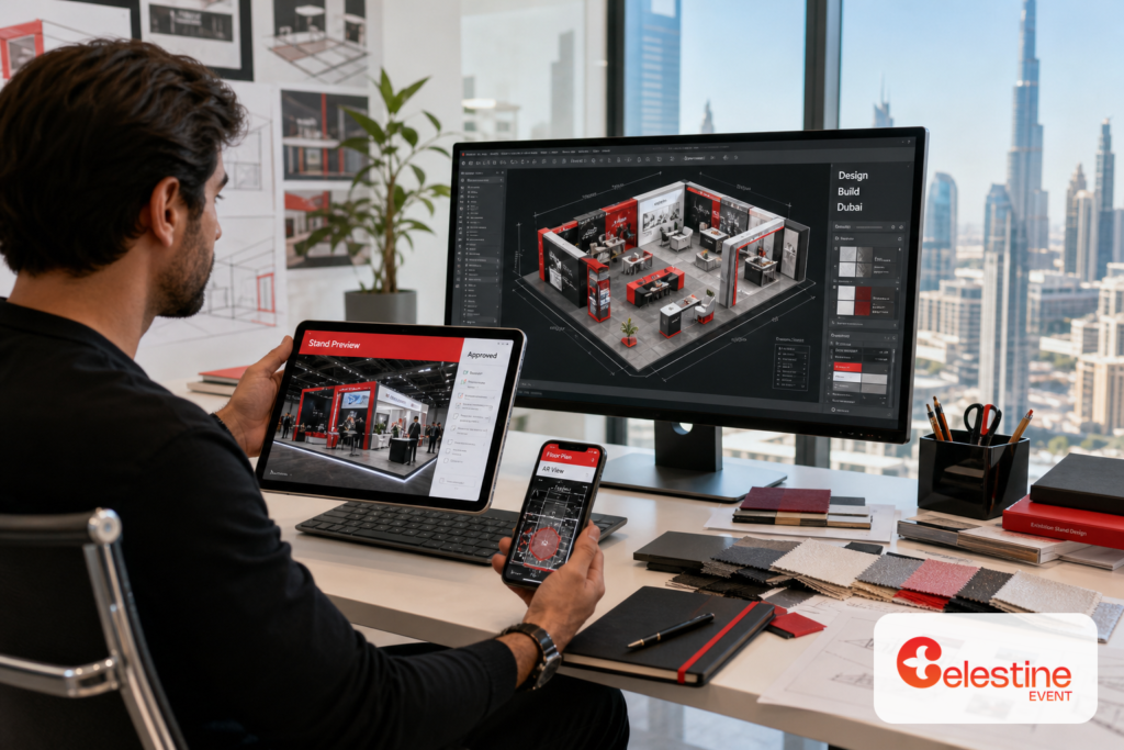 Exhibition stand designer reviewing 3D stand designs and Dubai floor plans on desktop, tablet, and mobile devices in a modern