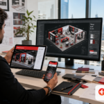 Exhibition stand designer reviewing 3D stand designs and Dubai floor plans on desktop, tablet, and mobile devices in a modern