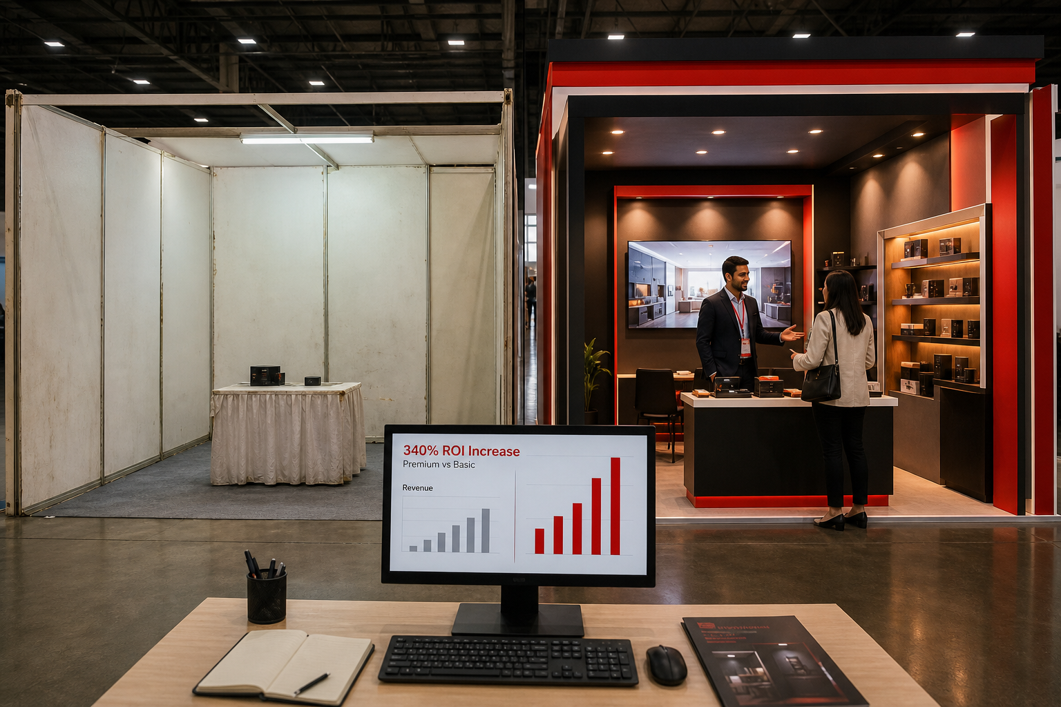 Side-by-side comparison: basic versus premium expo stall showcasing ROI impact of construction quality and professional desig