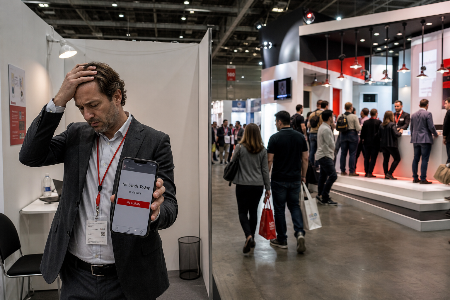 Frustrated exhibitor at low-quality stall with zero leads versus busy premium stall nearby showing cost of poor build quality