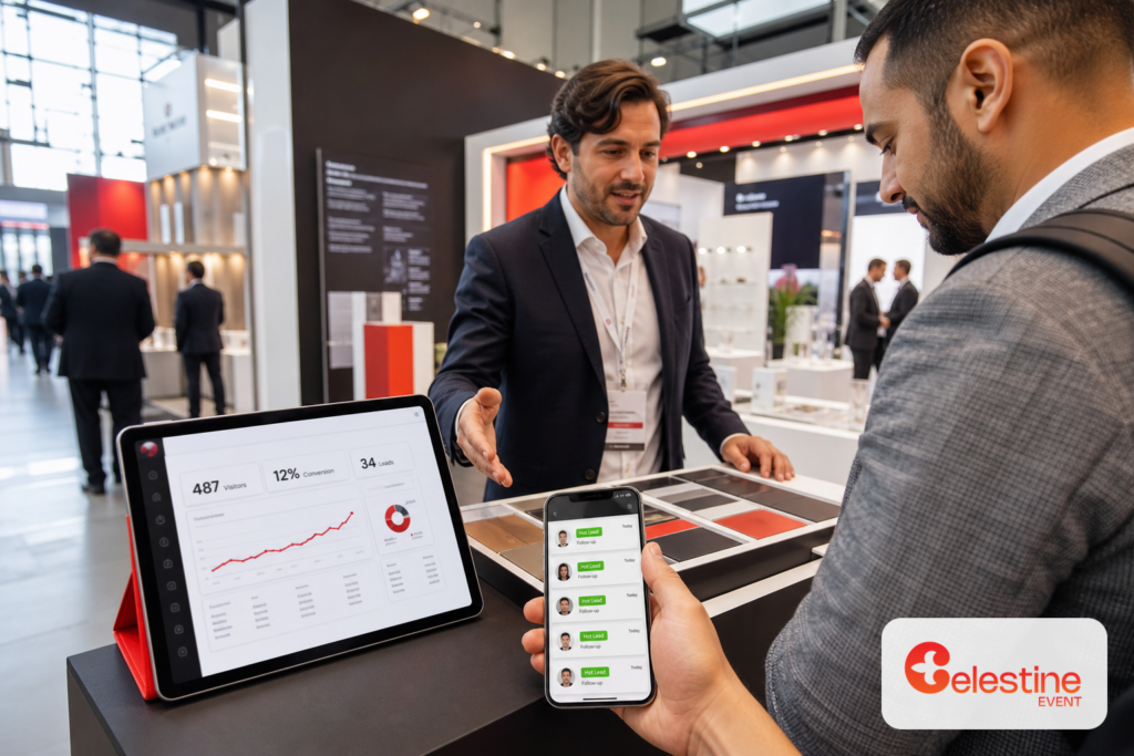 Professional at premium expo stall with engaged visitor; tablets show real-time analytics for visitor tracking and lead captu