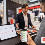 Professional at premium expo stall with engaged visitor; tablets show real-time analytics for visitor tracking and lead captu