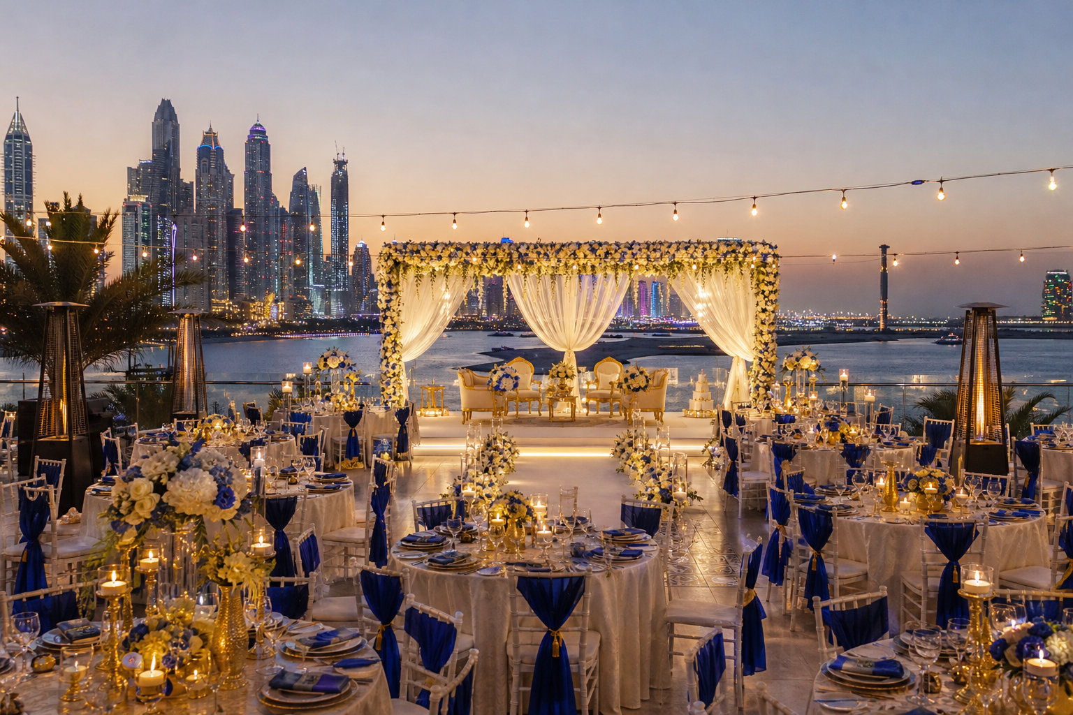 Elegantly decorated luxury wedding venue in Dubai with sea views and iconic skyline backdrop