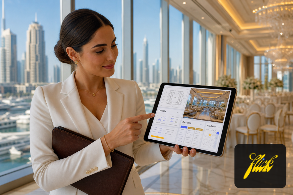 Luxury wedding planner reviews packages on tablet in Dubai five-star ballroom with marina views