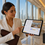 Luxury wedding planner reviews packages on tablet in Dubai five-star ballroom with marina views